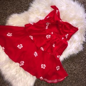 Red floral tie dress